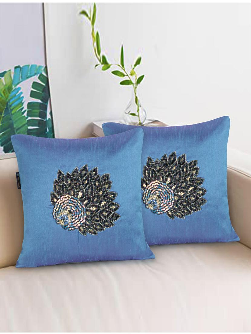 mezposh dazzle air force blue & metallic quirky embellished faux silk cushion covers (16"x16") set of 2 - 18369388 - Zoom Image - 0