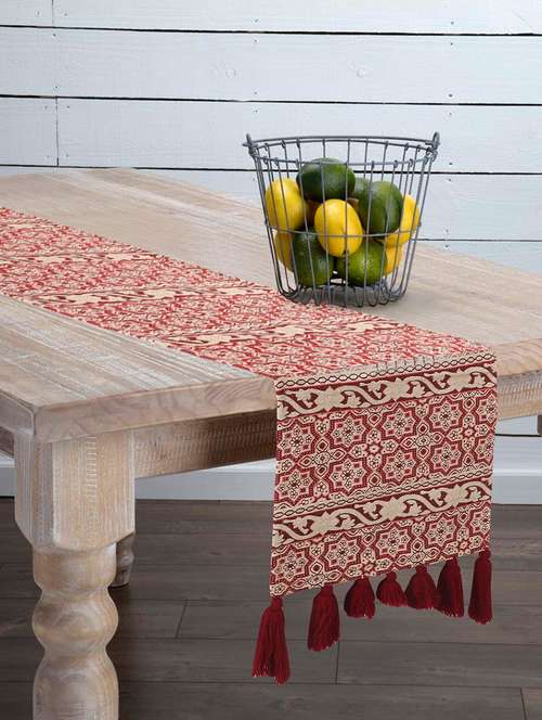 mezposh tribal natural & red polycotton jacquard & lurex 6 seater ethnic motifs table runner with tassels (180x40 cm) - 18369398 - Standard Image - 0