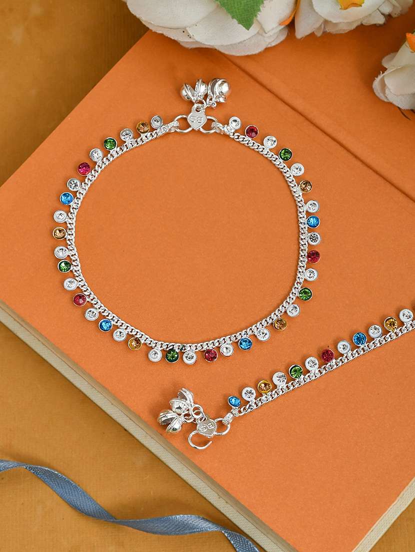 ethnic multistone silver anklets