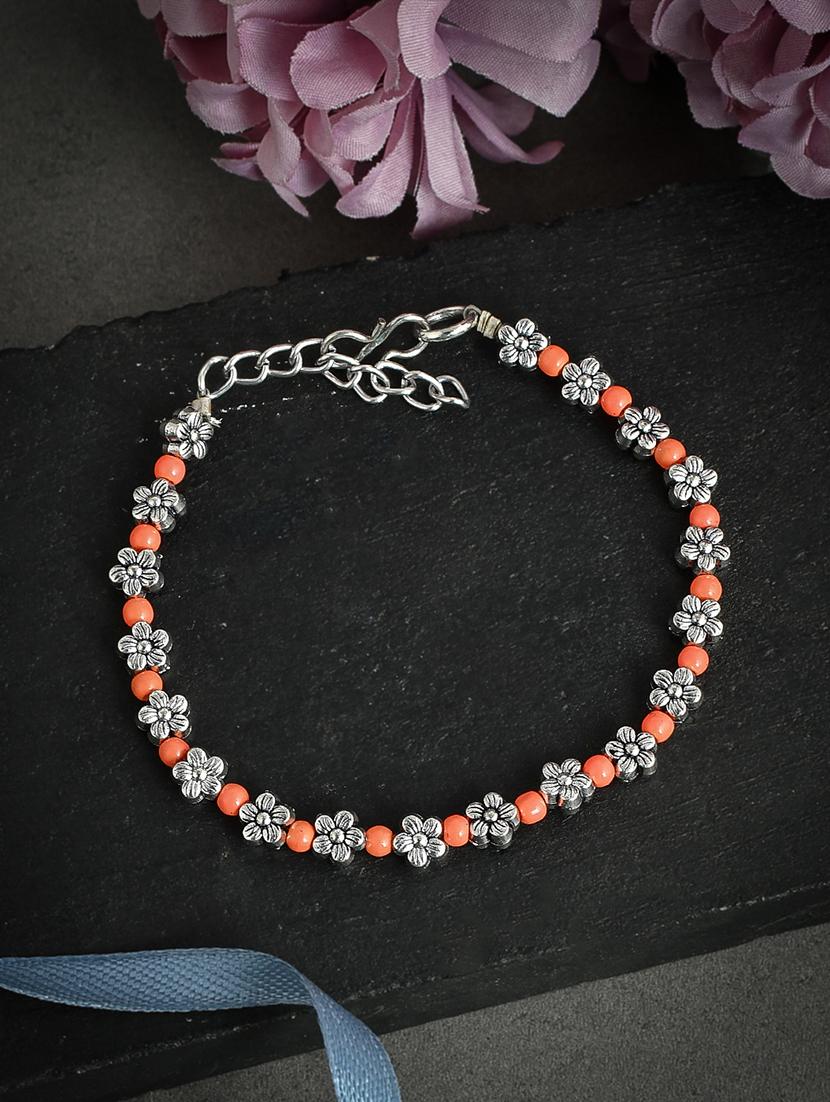 orange beads silver flower anklet - 18369874 - Standard Image - 1