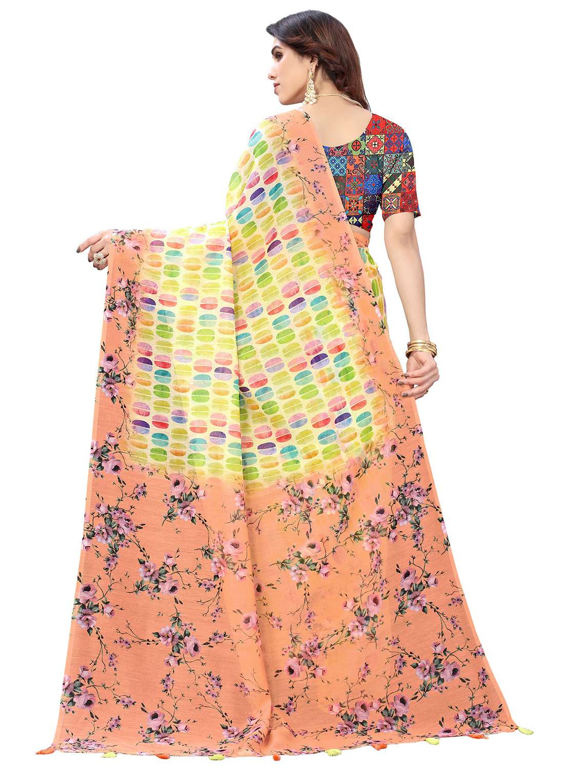 yellow cotton blend printed saree with blouse - 18370271 -  Standard Image - 1