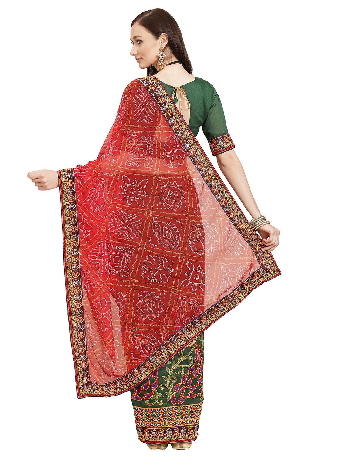 green georgette half and half saree with blouse - 18370277 -  Standard Image - 1