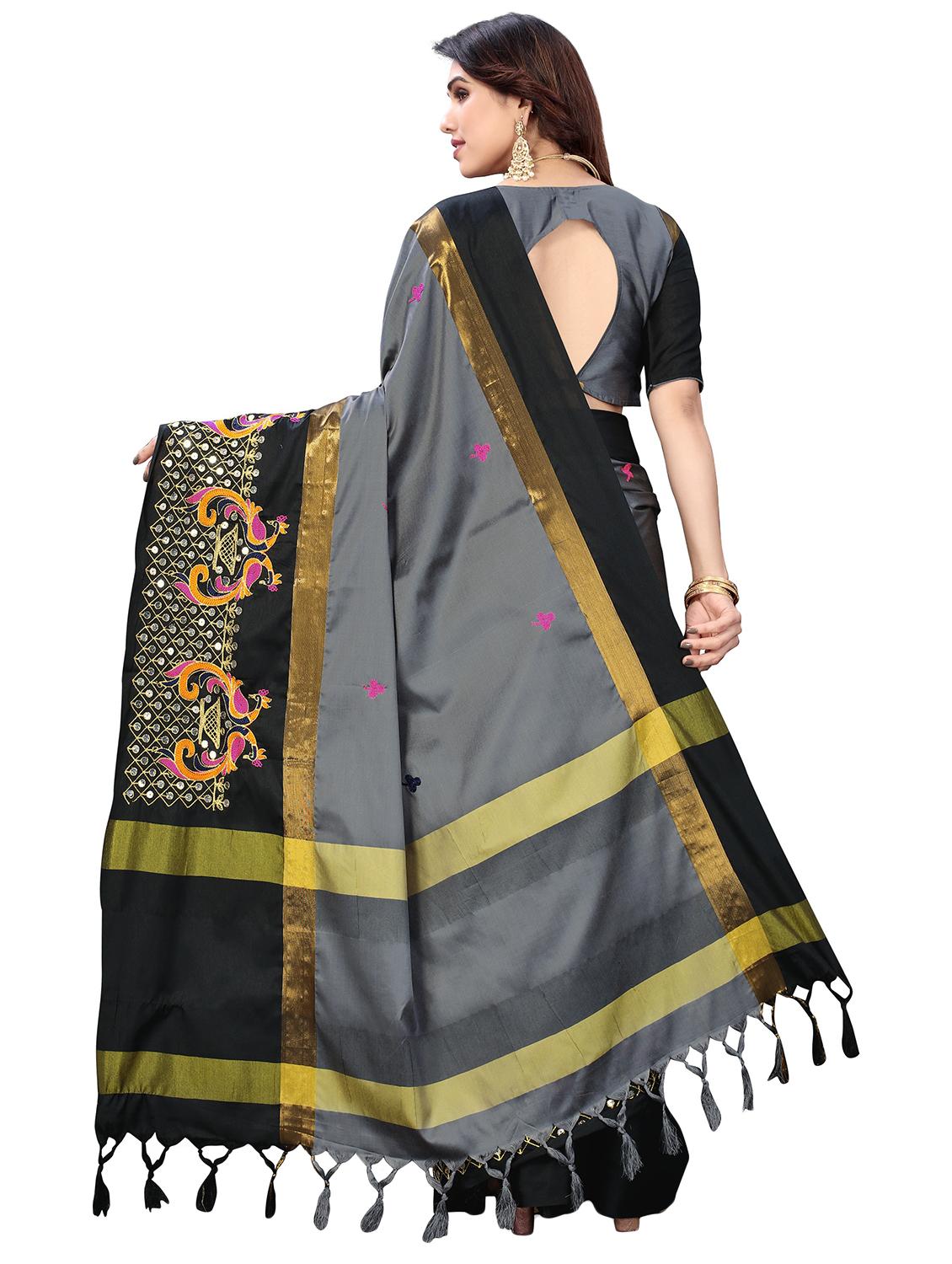 grey cotton silk embroidered saree with blouse - 18370308 - Standard Image - 1