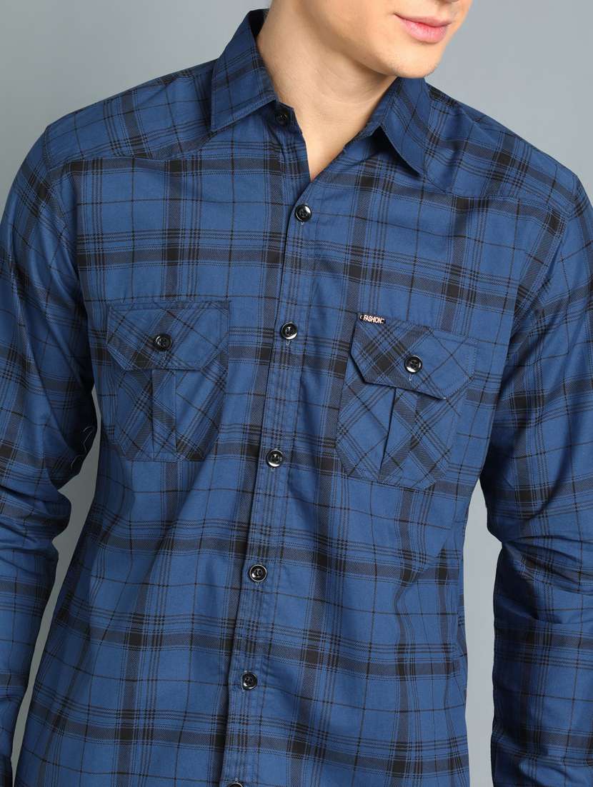 navy-blue checkered casual shirt - 18370673 - Standard Image - 4