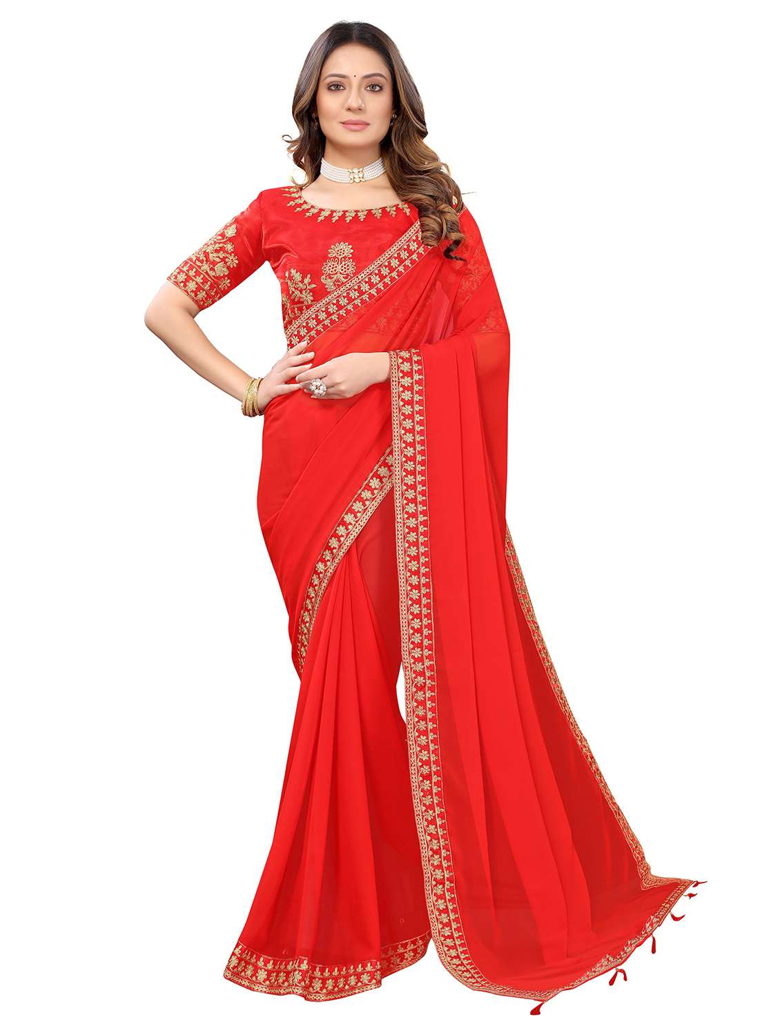 red dupion bordered saree with blouse