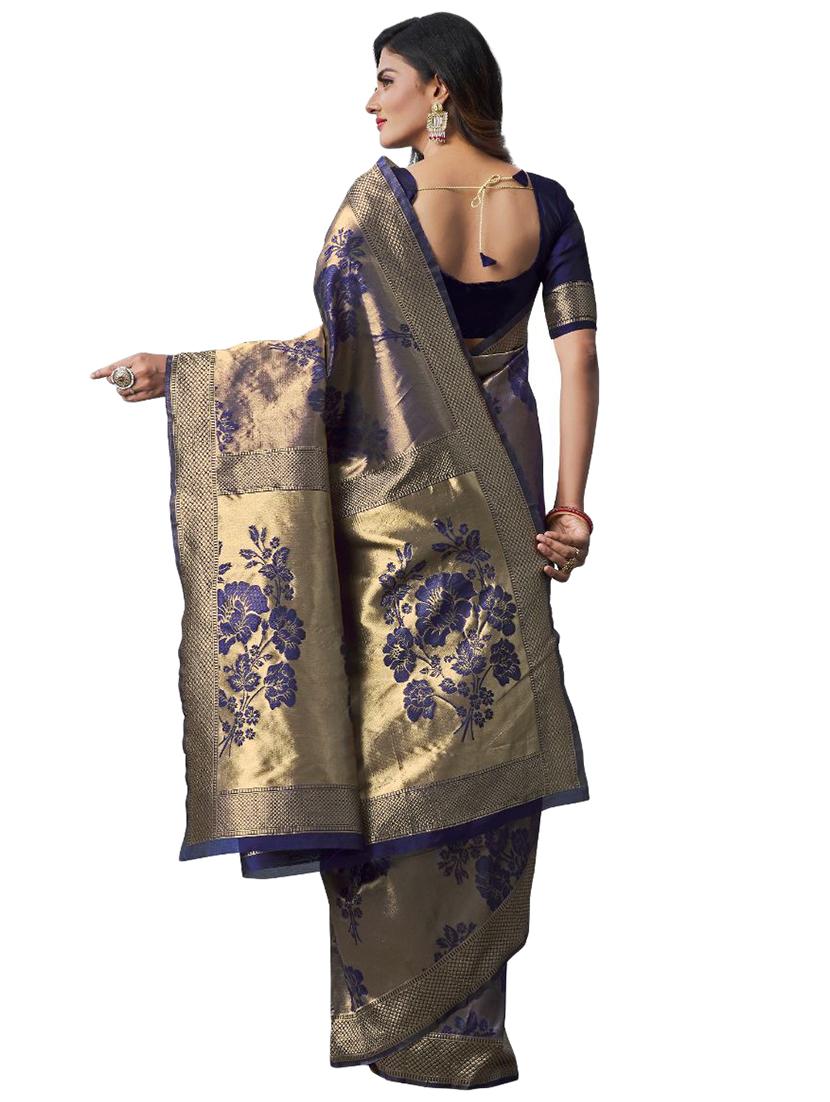 navy silk blend banarasi saree with blouse - 18370982 - Standard Image - 1