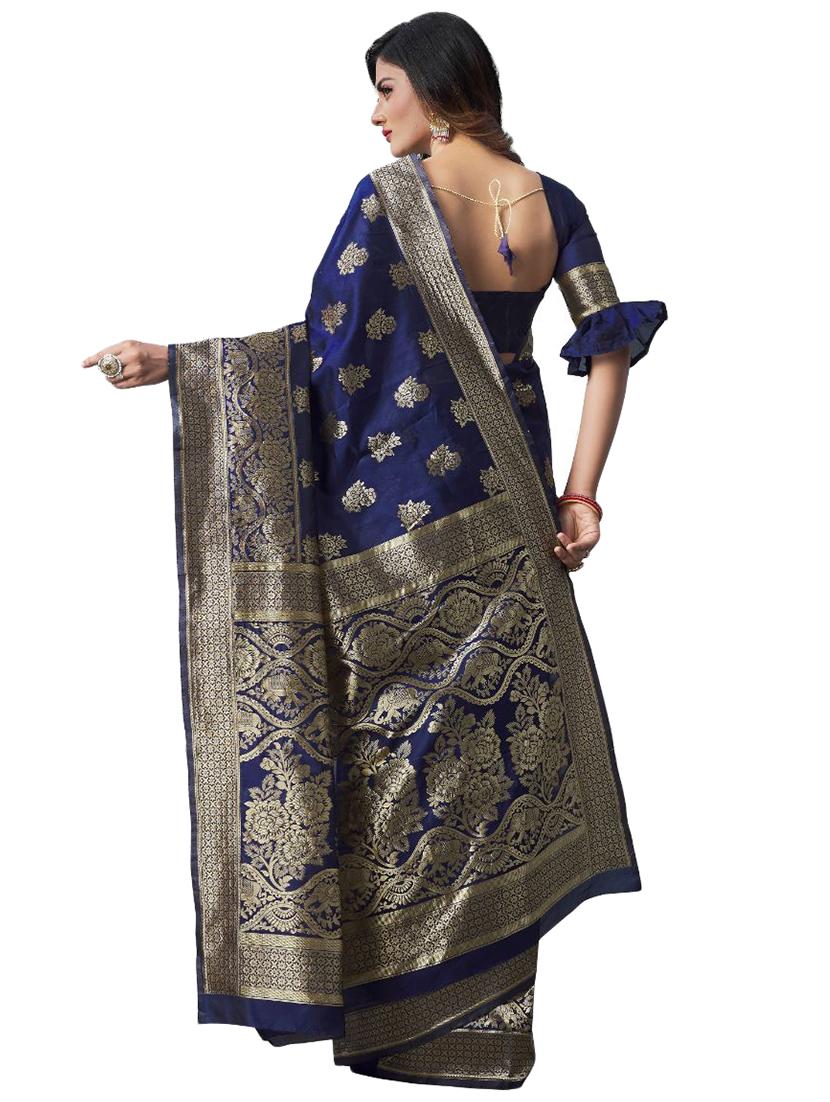navy silk blend banarasi saree with blouse - 18370994 - Standard Image - 1