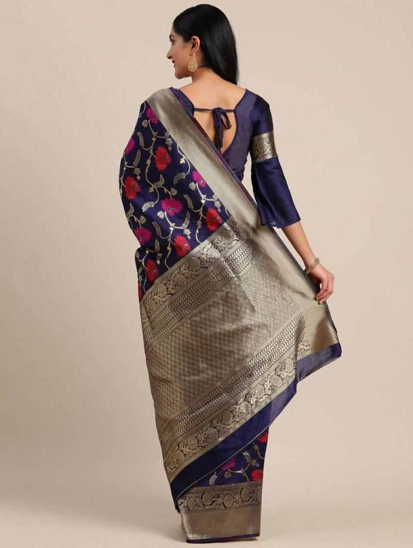 navy silk blend banarasi saree with blouse - 18371018 -  Standard Image - 1