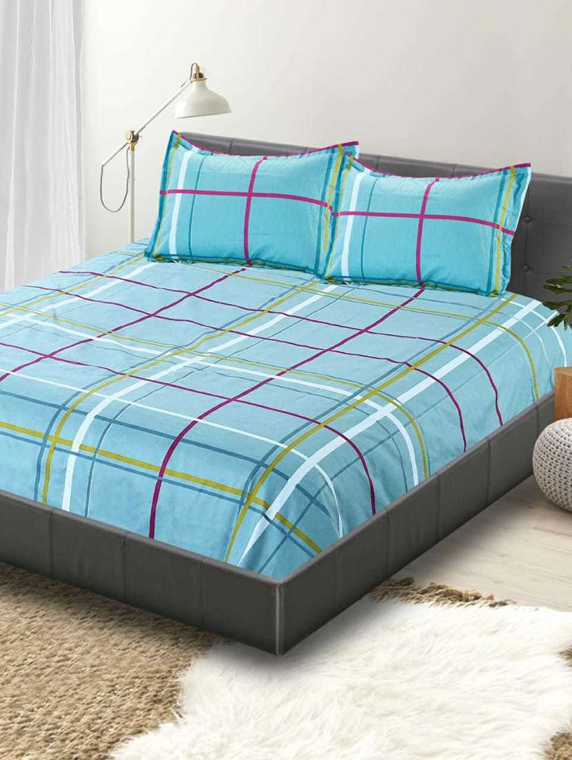 shahi decor green check designer polyester double bedsheet 90x100 inches with 2 pillow covers 17x27 inches ( machine washable )