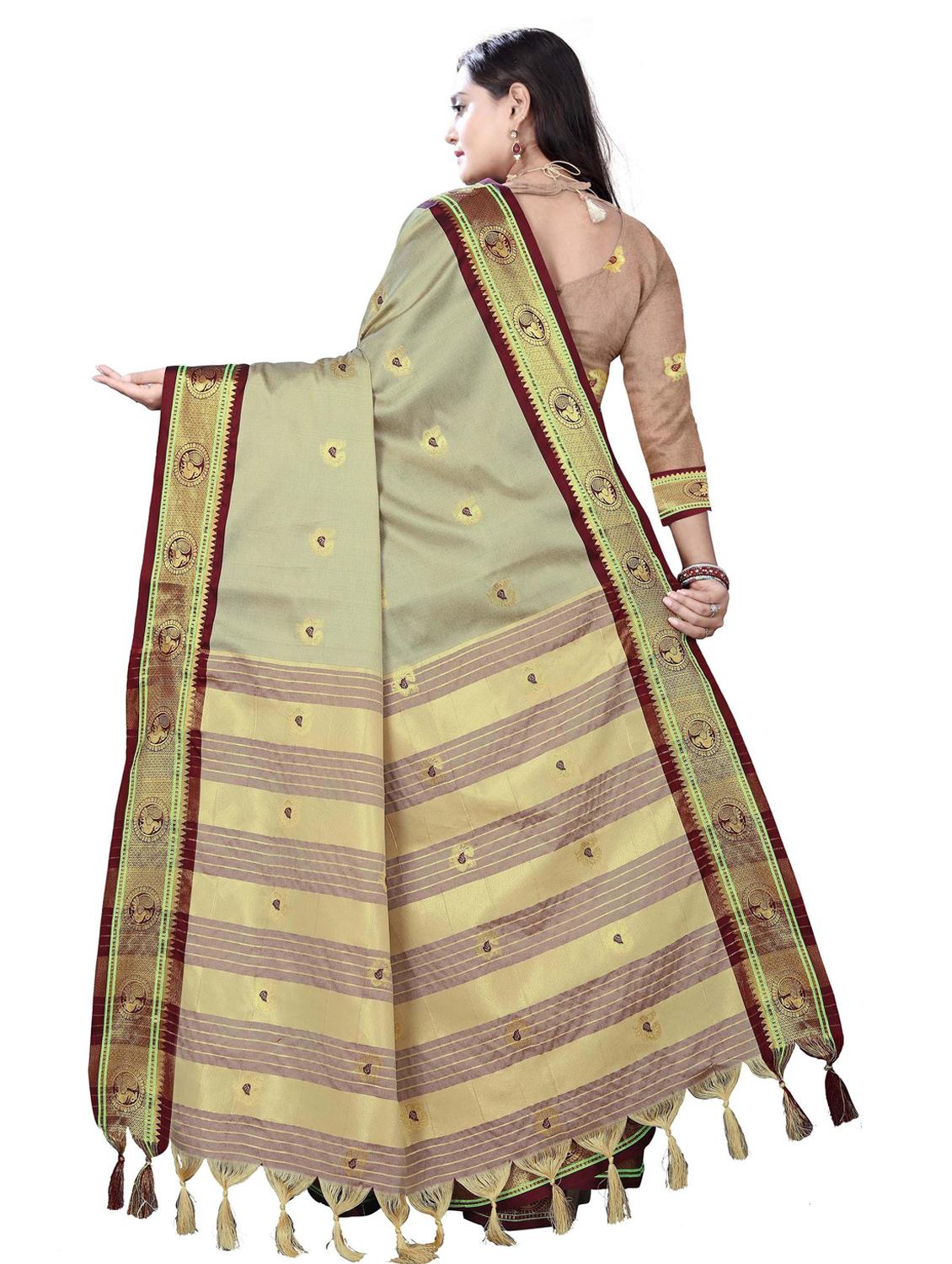 beige cotton silk kanjivaram saree with blouse - 18371200 - Standard Image - 1