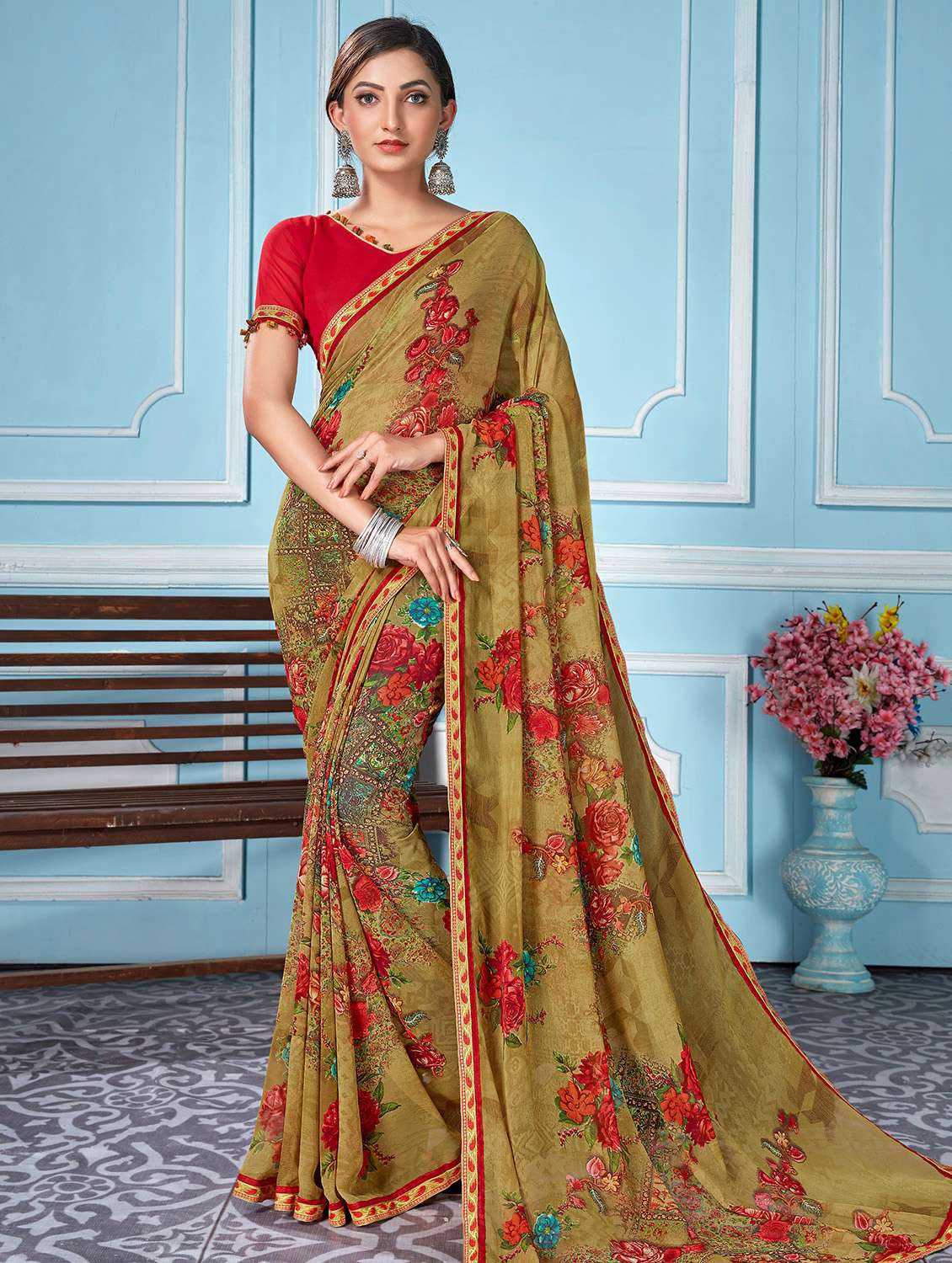 multi colored georgette printed saree with blouse