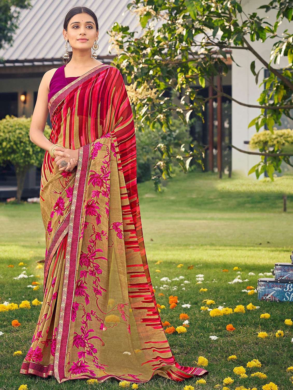 multi colored georgette printed saree with blouse