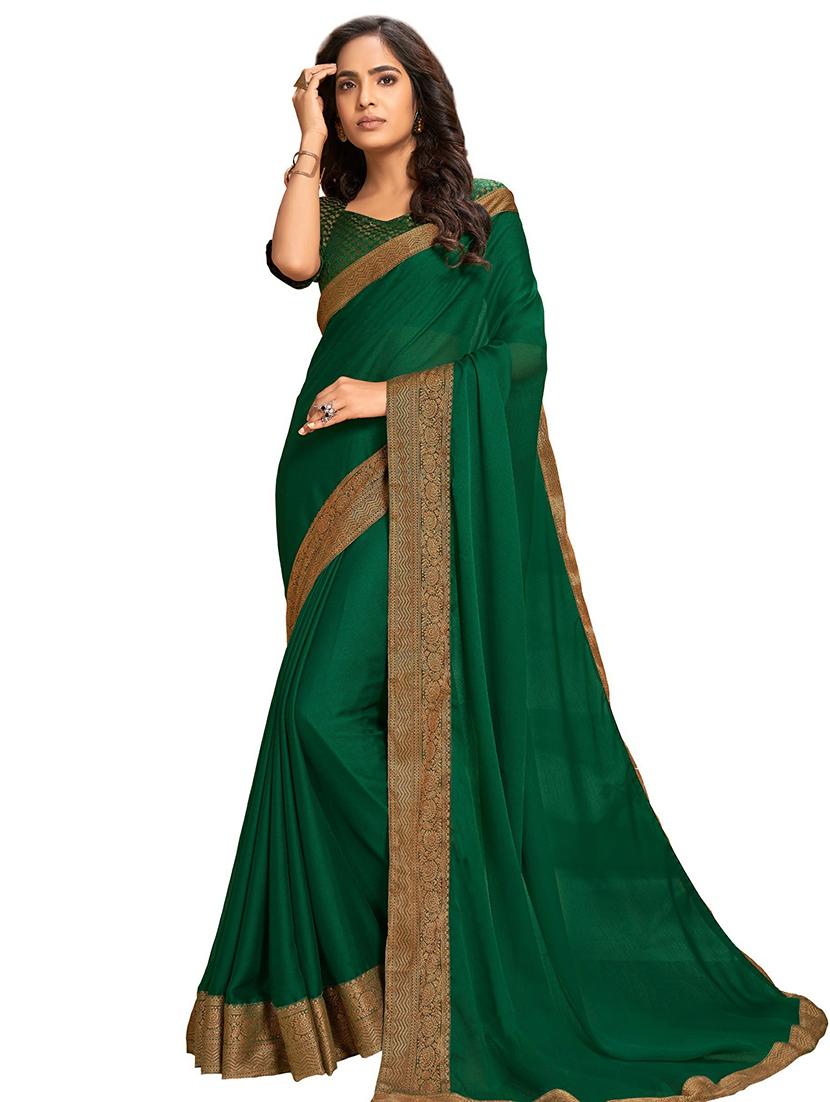 lace bordered solid saree with blouse - 18371425 - Standard Image - 1