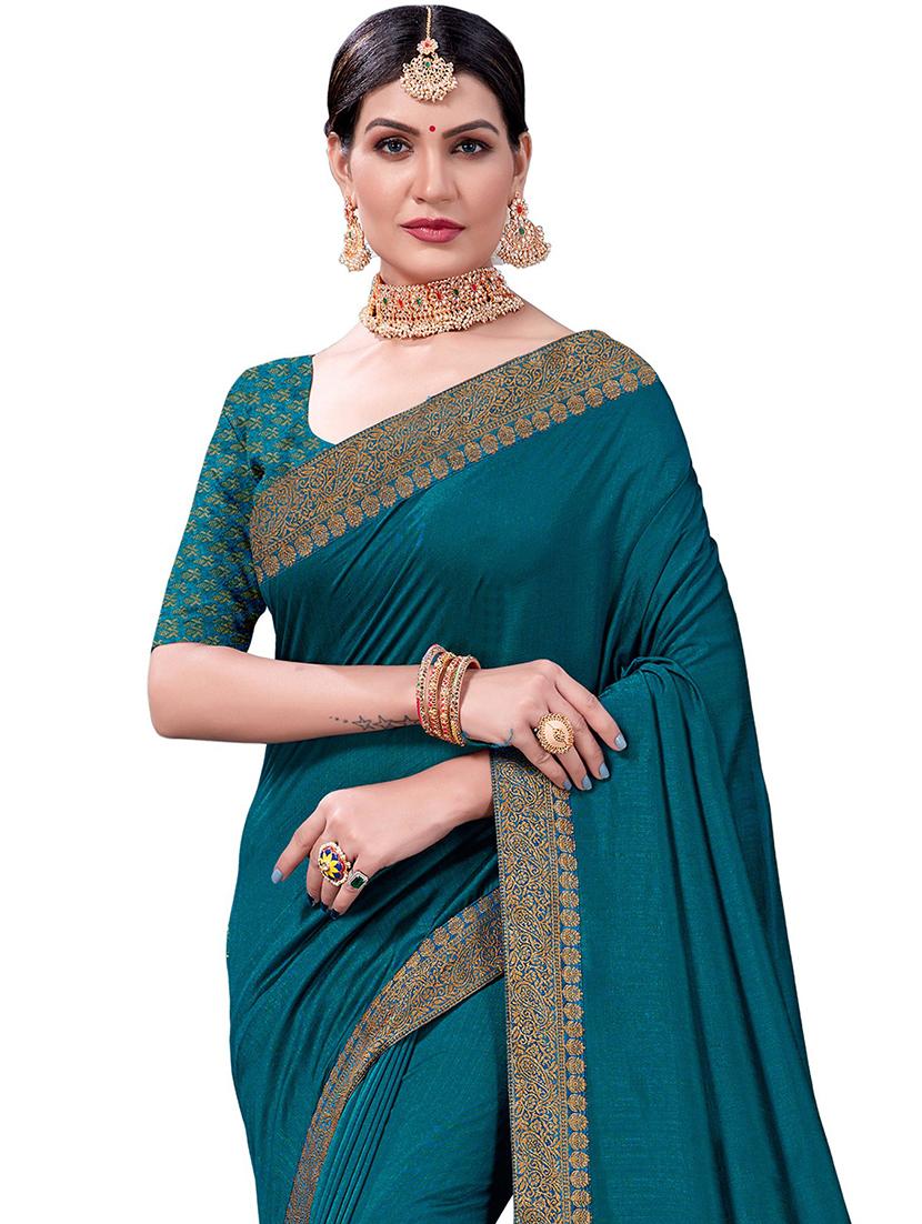 turquoise bordered saree with blouse - 18371512 - Standard Image - 1