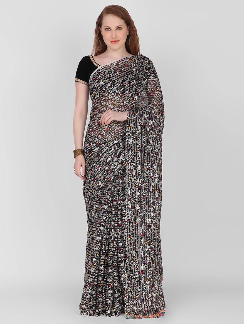 black chiffon printed saree with blouse - 18371726 - Zoom Image - 0