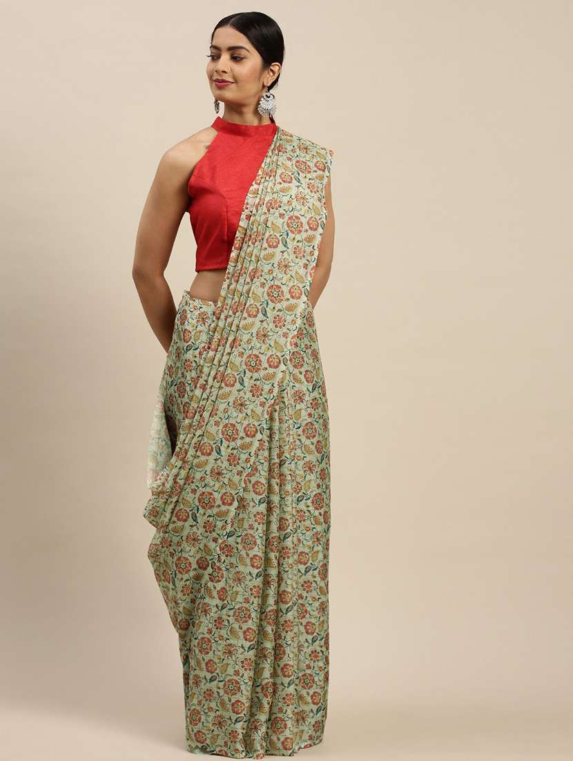 blue art silk printed saree with blouse