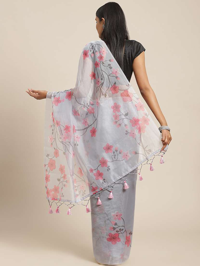 grey organza printed saree with blouse - 18371882 -  Standard Image - 1