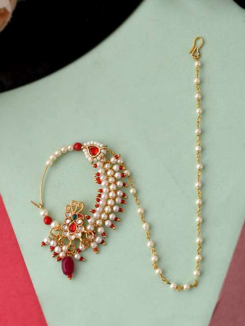 gold plated red & white pearls chained meenakari nose ring - 18372009 -  Standard Image - 0