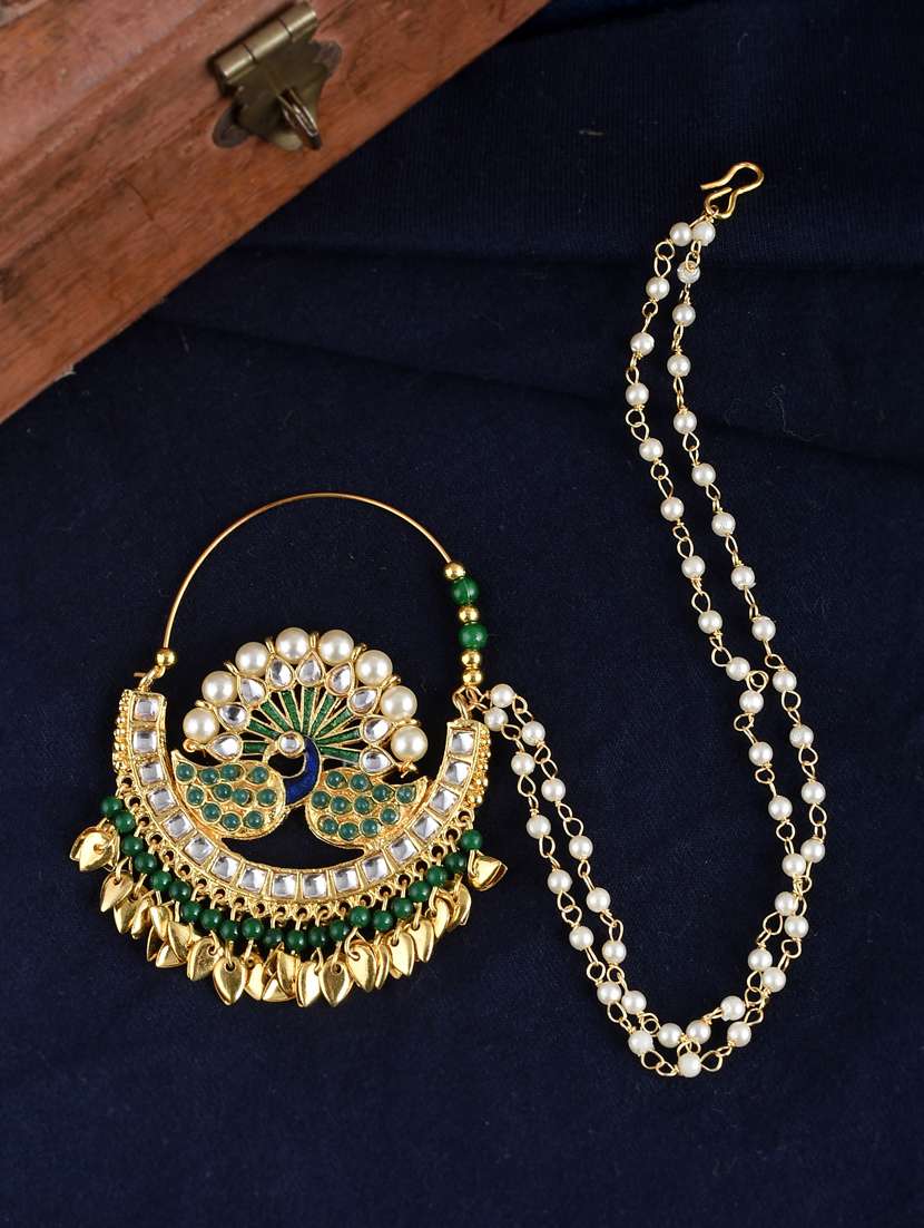 gold plated green & white stone studded & beaded meenakari nosering