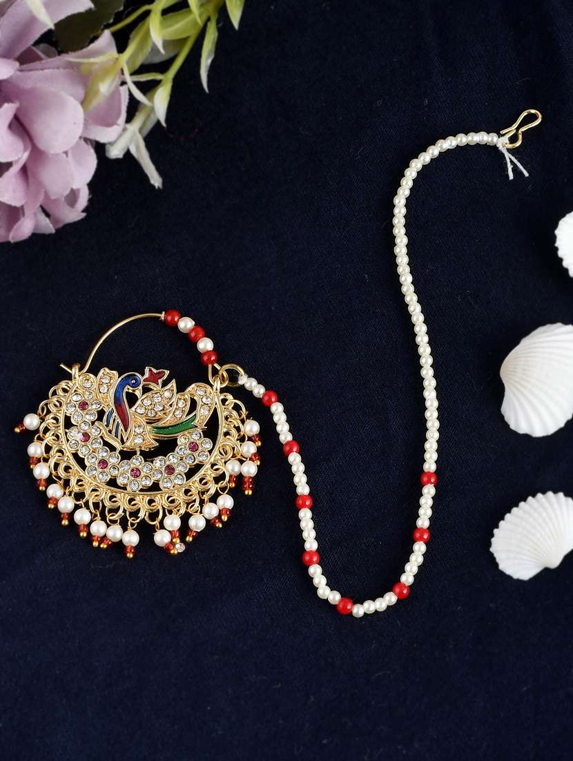 gold plated white & red pearl beaded meenakari chained nose ring