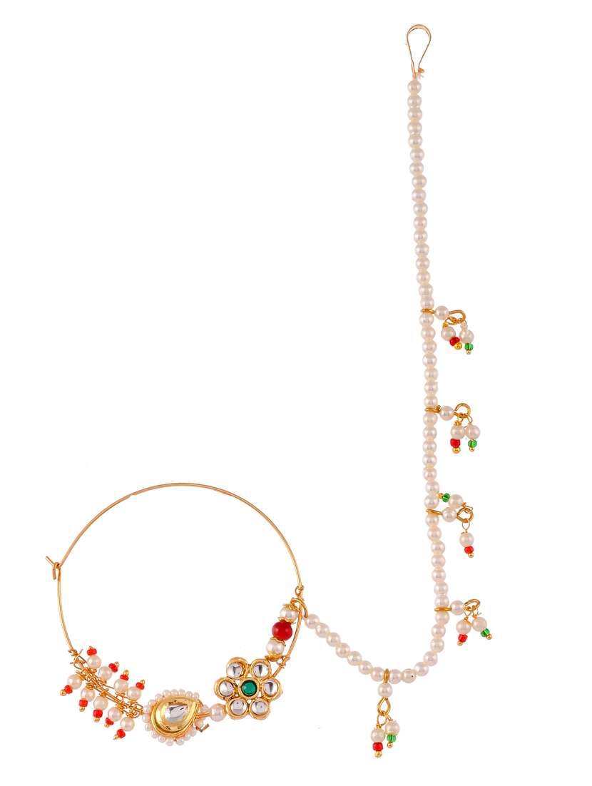 gold plated red & white pearl studded clip-on nose pin