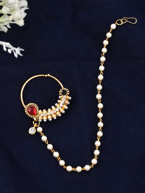gold-plated red & white stone-studded & beaded nose pin - 18372127 -  Standard Image - 0