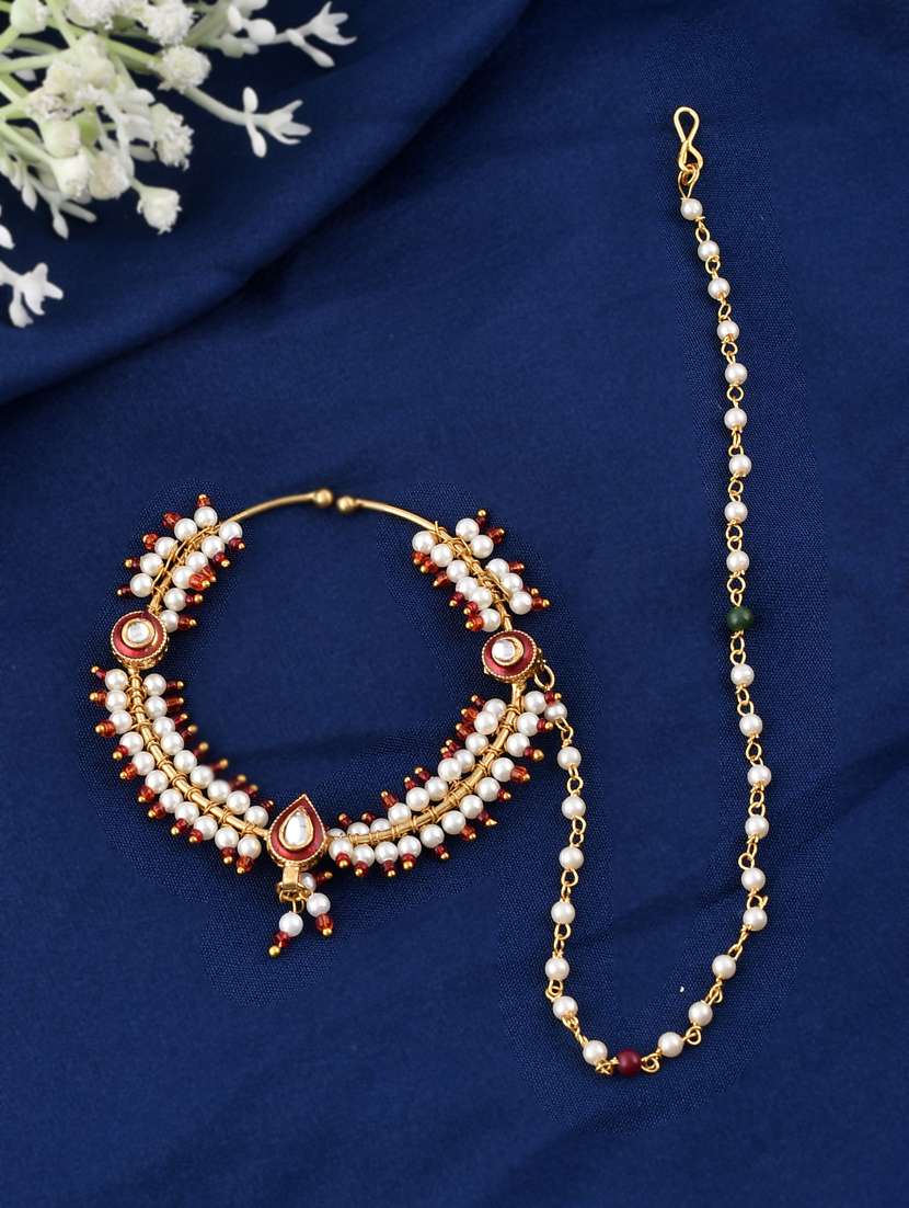 pearl bridal chained kundan nose ring