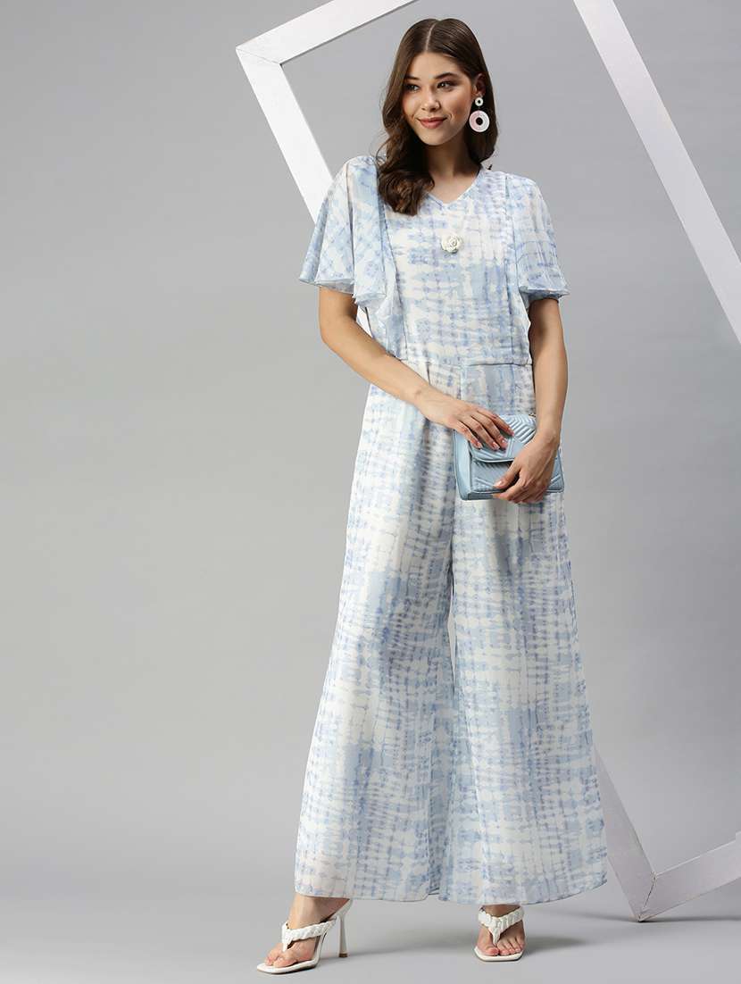 v-neck printed full leg jumpsuit