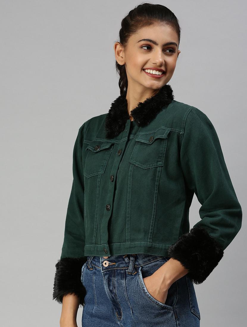 fur embellished denim jacket - 18372244 - Standard Image - 1