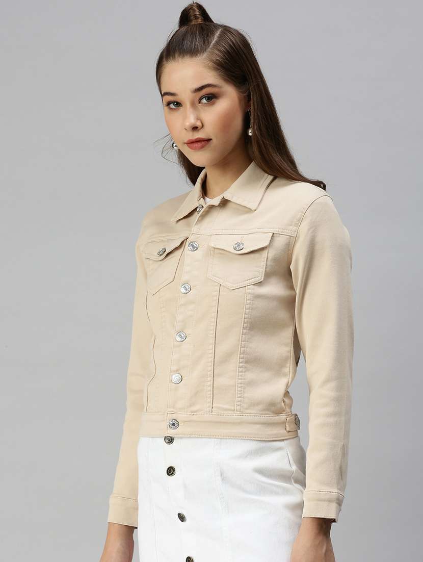 Beige Solid Denim Summer Jacket - 18372258 -  Standard Image - 1