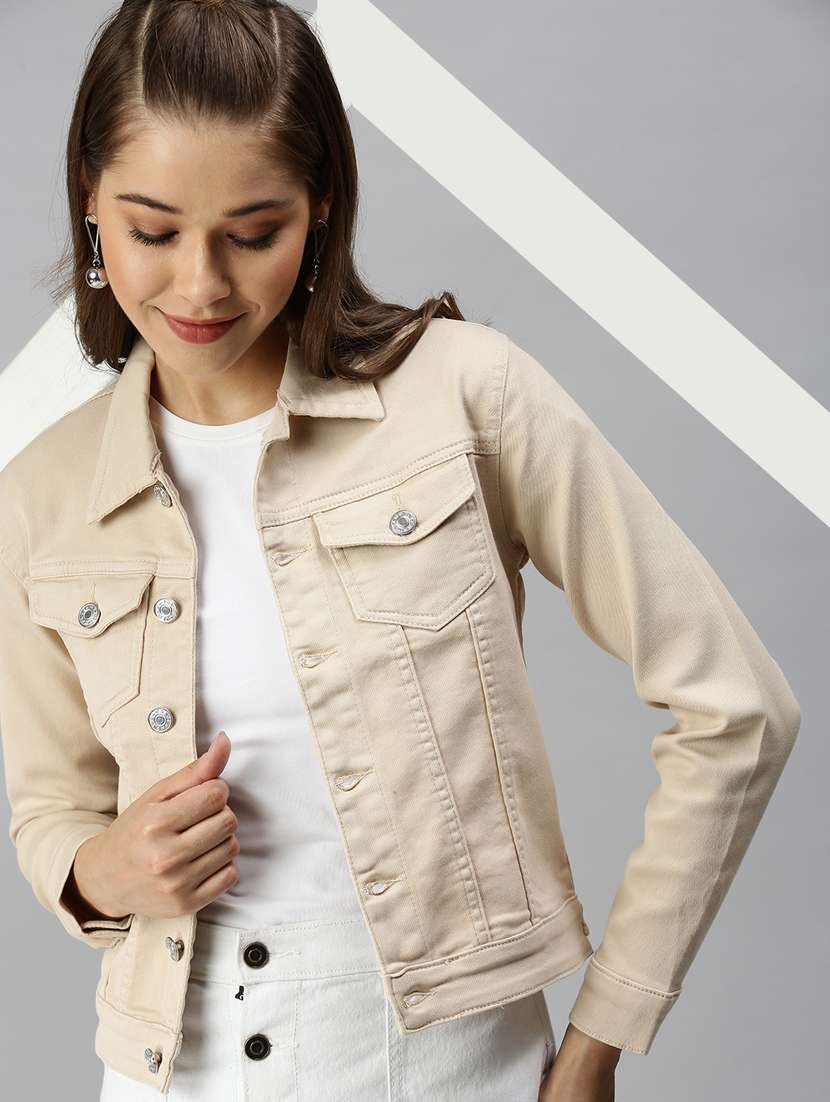 Beige Solid Denim Summer Jacket - 18372258 -  Standard Image - 4