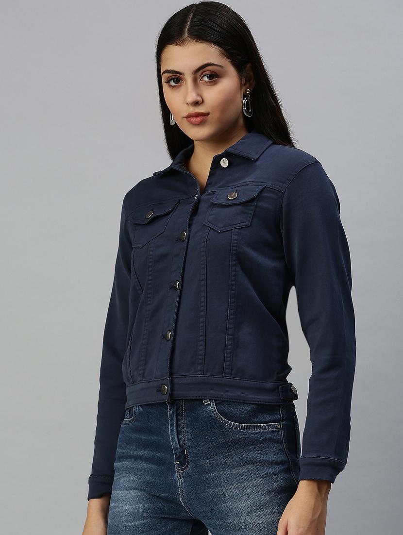 navy blue solid denim summer jacket - 18372259 - Standard Image - 1
