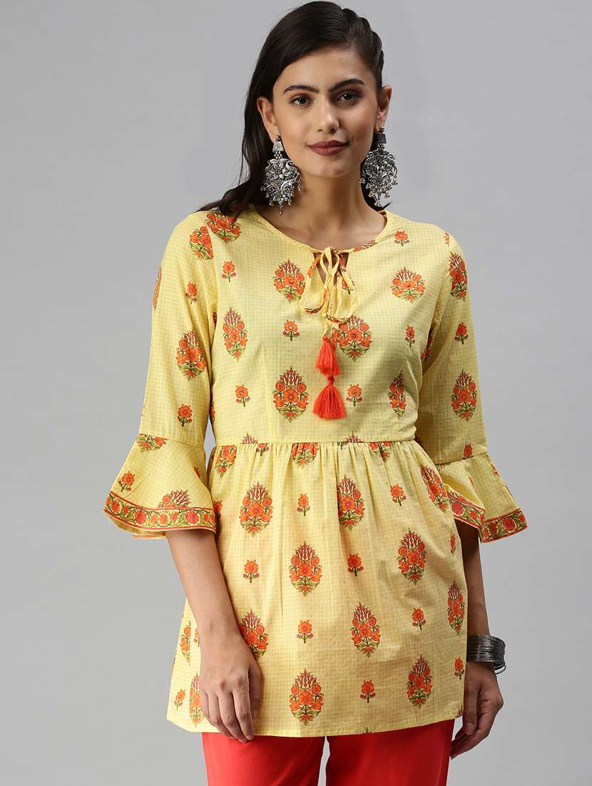 women yellow floral printed a-line kurti