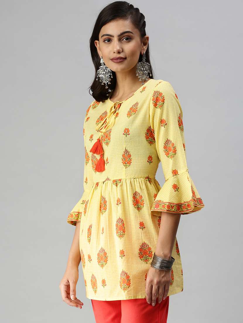 women yellow floral printed a-line kurti - 18372283 -  Standard Image - 1