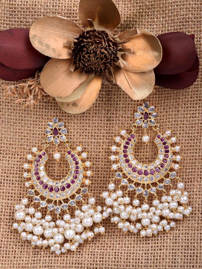 gold plated pink ad studded peals drops chandbali earrings