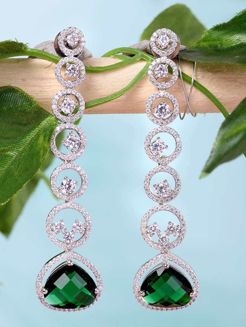 white rhodium plated green ad studded drop earrings