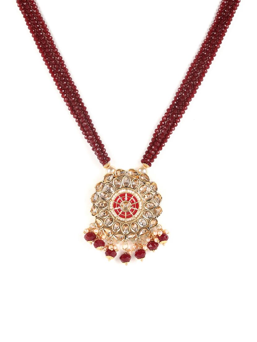 gold-plated & kundan studded maroon beaded multi-strand set with maangtika - 18373355 -  Standard Image - 1