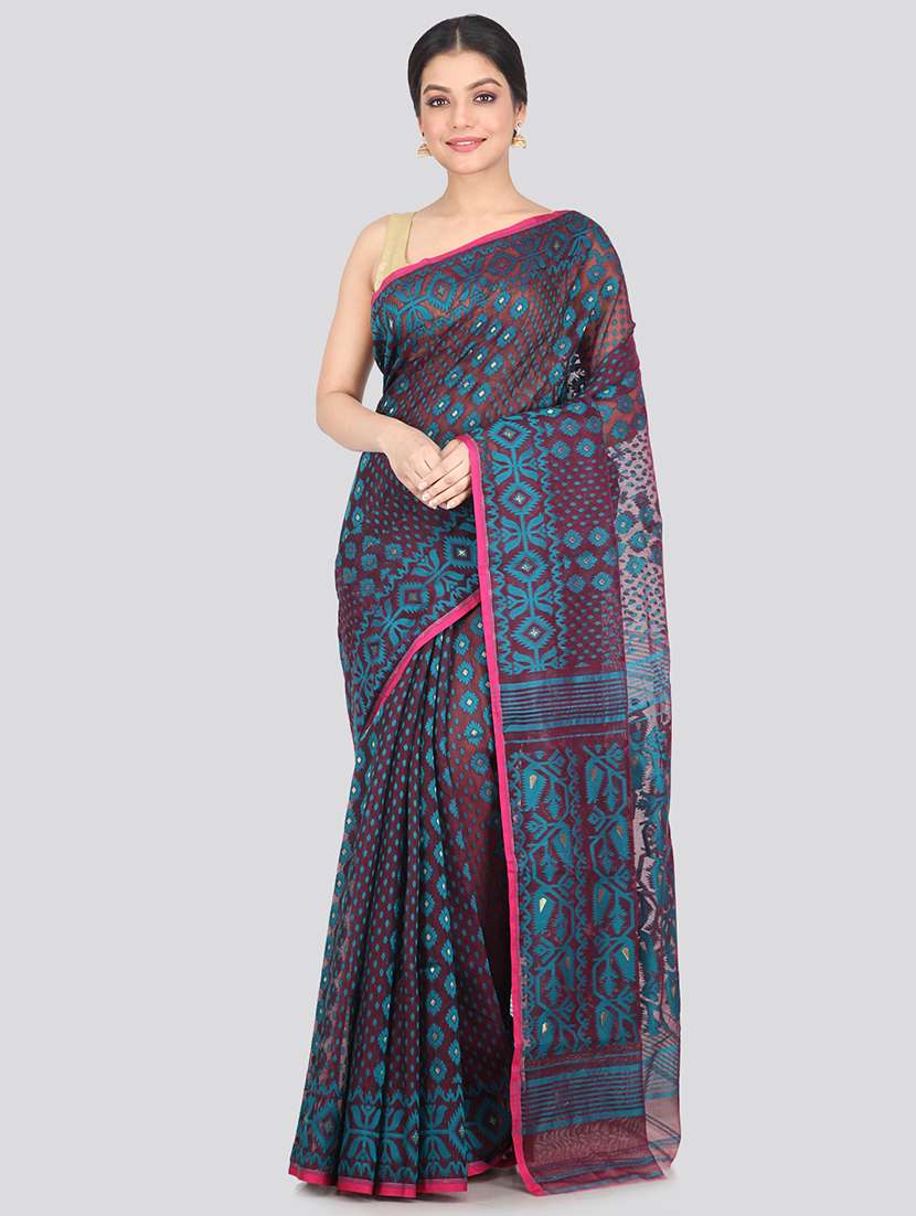maroon cotton blend jamdani saree
