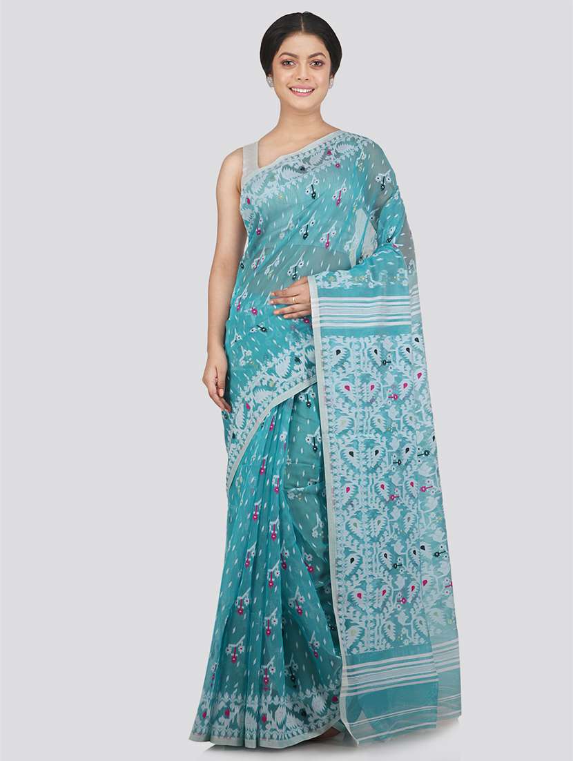 turquoise cotton jamdani saree