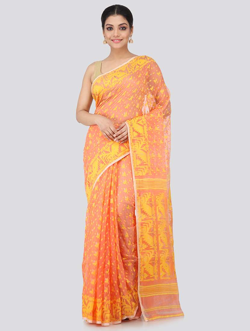 peach cotton jamdani saree