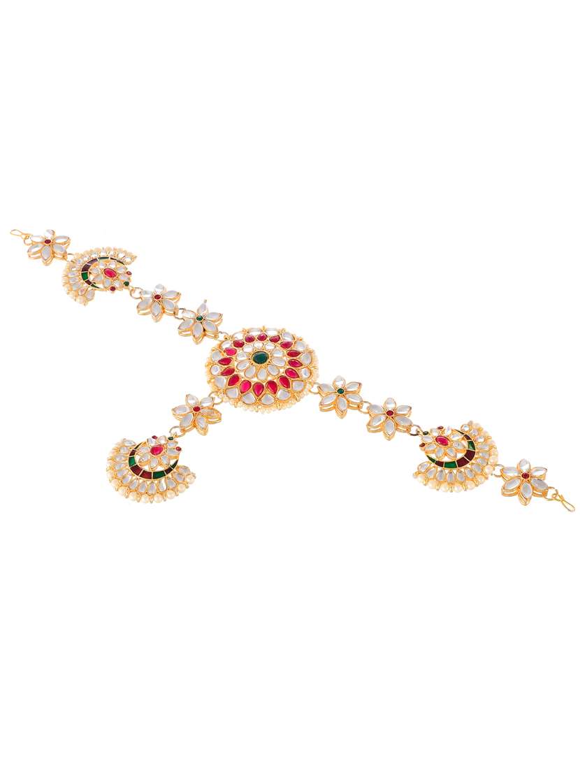 gold plated red & white kundan studded matha patti - 18373708 -  Standard Image - 1