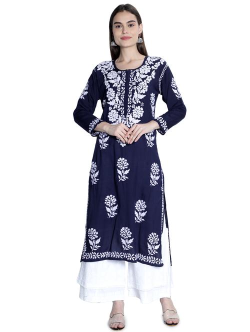 navy cotton straight kurta - 18376485 - Standard Image - 0