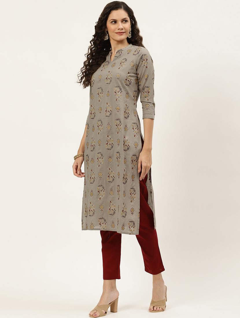 grey cotton blend straight kurta - 18376993 -  Standard Image - 1