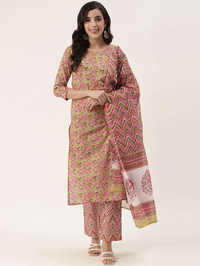 women three quarter sleeve kurta pant with dupatta set