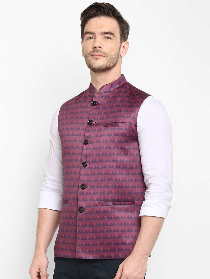 navy blue printed nehru jacket - 18377250 -  Standard Image - 1