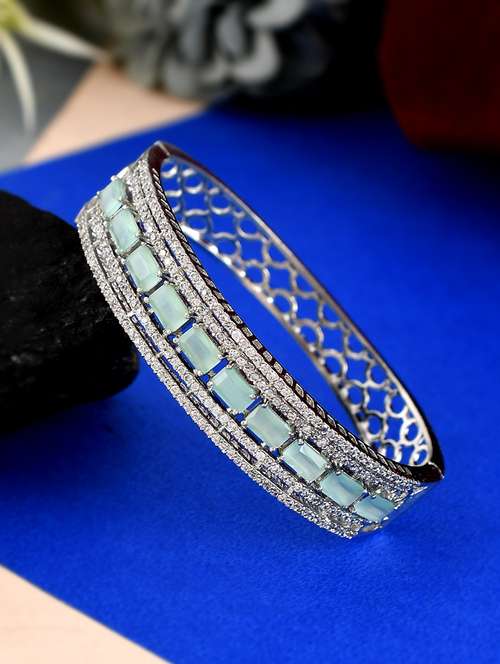 silver plated ad sea green stone studded bangle srtyle bracelet - 18378083 -  Standard Image - 0