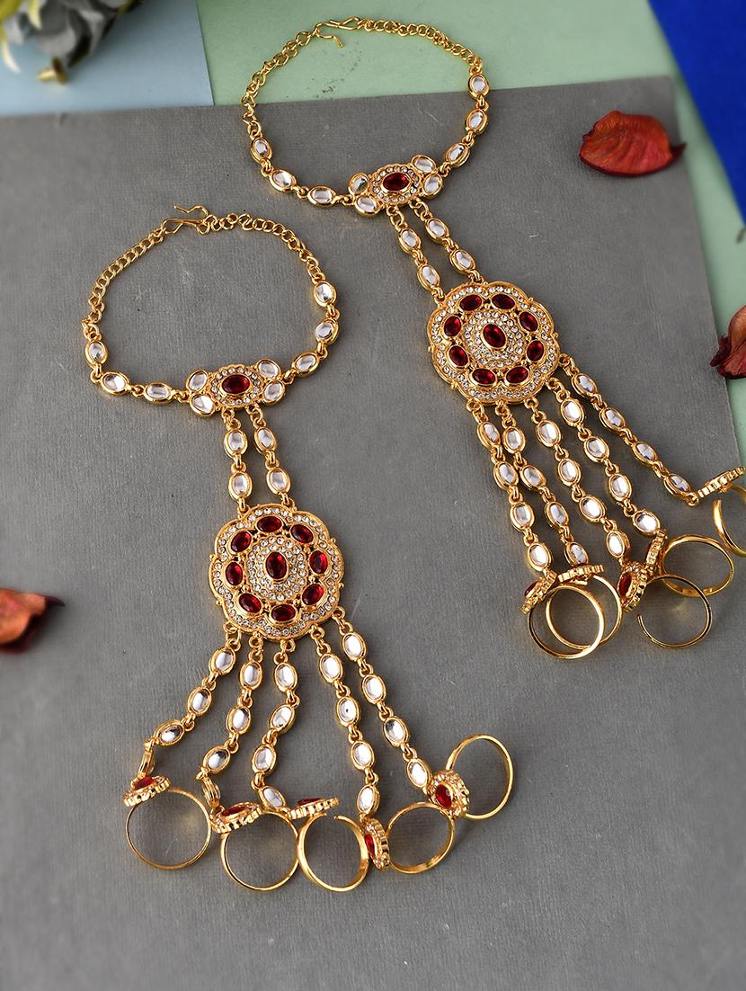 gold toned & red stone studded hathphool bracelets - 18378088 -  Zoom Image - 0