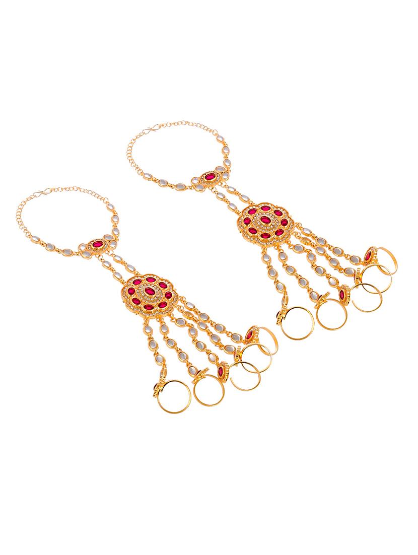 gold toned & red stone studded hathphool bracelets - 18378088 -  Standard Image - 1