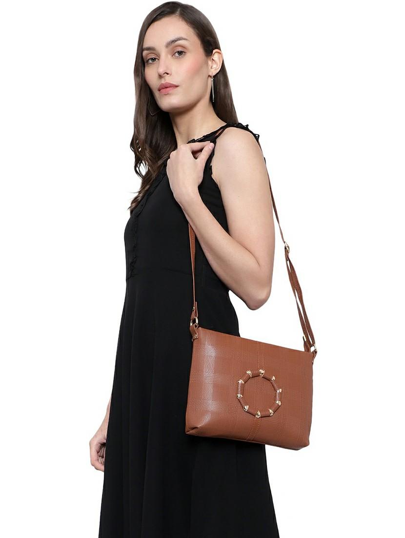 brown textured regular sling bag - 18378667 - Standard Image - 4