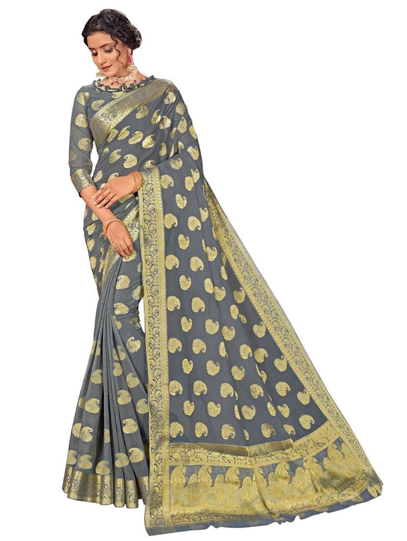 women's self design steel colored saree with blouse